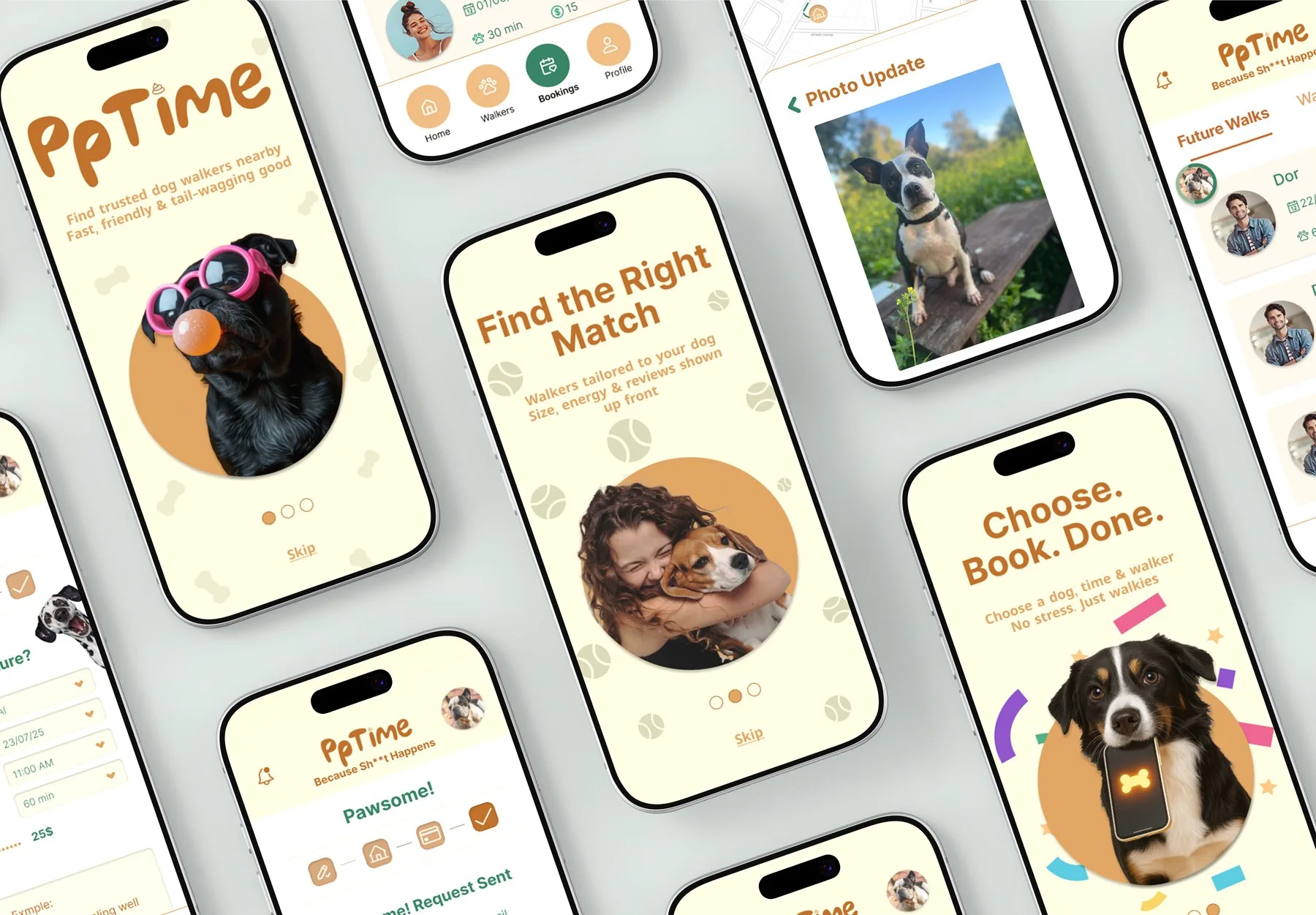 PpTime dog-walking app screens